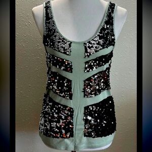 Rock & Republic Shimmering Tank, Light Sage Green, Black & Silver Sequin, XSmall